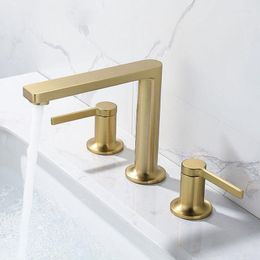 Bathroom Sink Faucets Brushed Gold Faucet Brass 3 Holes Double Handle And Cold Water Mixer Basin Toilet