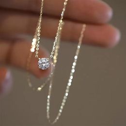 925 Sterling Silver Necklace with 14K Gold Plated Four Prongs Single Diamond Super Flash Temperament Light Luxury Clavicle Chain J257E