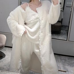 Women's Sleepwear Winter Coral Fleece 3PCS Pyjamas Set Women Flannel Long Sleeve Top Trouser Sleep Suit Casual Pyjamas Home Clothes