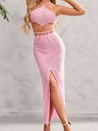 Work Dresses CHRONSTYLE Women 2pcs Skirt Sets Tie-up Backless Camis Front High Split Long Skirts Summer Outfits Cocktail Party Clubwear 2023
