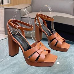 Sandals 2023 Est Spring Summer High Heel Genuine Leather Shoes For Women Solid Colour Chunky Buckle Decor Trendy Elegant