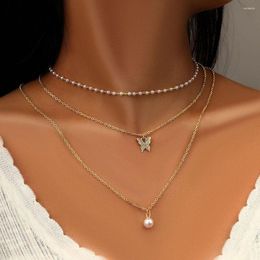 Pendant Necklaces Sweet Imitation Pearl Cute Butterfly Collar Necklace 2023 Multi Layered Gold Color Metal Girls Fashion Charm Jewelry