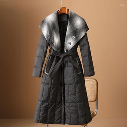 Women's Trench Coats Design Of Felt Woollen Patchwork Down Jacket For Women In Winter 2023 Waistband Slimming And Warm Long