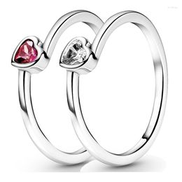 Cluster Rings Red Tilted Heart Solitaire With Crystal Ring 925 Sterling Silver For Women Wedding Gift Europe DIY Jewellery