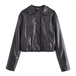 Women's Leather Pu Jackets Coat Jaqueta Feminina 2023 Faux Outwear Black Long Sleeve Cropped Top Solid Streetwear Woman