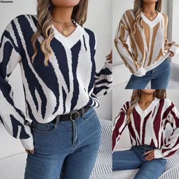 Women's Sweaters Fall Autumn Winter Long-Sleeve V-Neck Sweater Colour Block Casual Loose Chunky Knit Pullover Knitted Jumper Tops