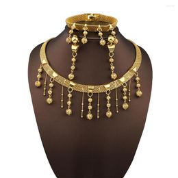 Necklace Earrings Set Nigeria Hollow Bead Tassel Pendant Flat Chain Bracelet Jewelry Women's Wedding Party Gift