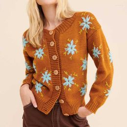 Women's Knits Floral Cardigan Winter Orange Sweet Cute Cardigans Women Boho Style Long Sleeve Embroidery Buttons Knit Sweater For 2023