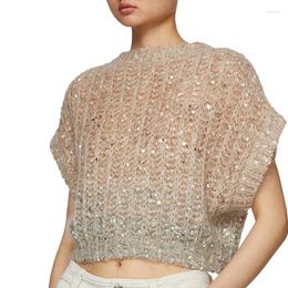 Women's Sweaters B/C Summer Heavy Handwork Women Short-Sleeved Dolman Sleeve Short Section Gradient Sequined Sweater Lady Knitted Top