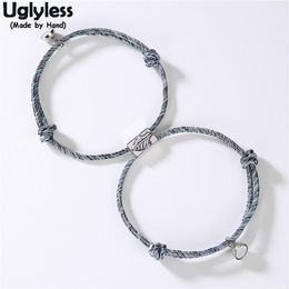 Uglyless 1Pair Lovers Infinity Bracelets Adjustable Rope Chain Bracelet for Couples 925 Silver Mountain Wave Bead Magnet Jewellery C3130