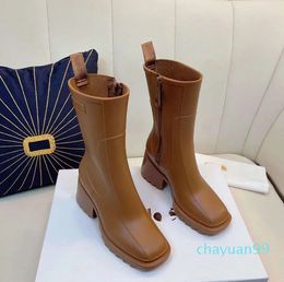 Boots Luxury Rain Boots New Fashion Outwear Square Head Mid Sleeve Thick Bottom Side Thick High Heel Short Boots