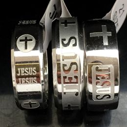 30pcs Mixed Etched JESUS Silver Rings Mens Engraved Cross Religious Stainless Steel Ring High Quality Comfort fit Man Ring Wholesa266N
