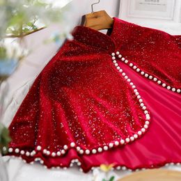 Scarves Women's Autumn Winter Pearl Beaded Red Vintage Velvet Pashmina Female Warm Shawl Cloak R1530
