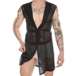 Men's Sleepwear Men Robe Transparent Lace Up Comfortable Casual Bathrobes Sleeveless Hooded Striped Pajamas Loose Homewear Kimono