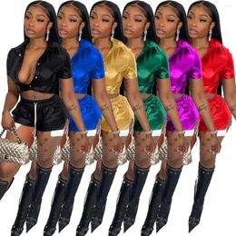 Women's Tracksuits Summer Sexy PU 2 Piece Shorts Sets Women Short Sleeve Single Breasted Crop Top And Mini Solid Club Outfits Party Wear