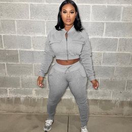 Women's Two Piece Pants Streetwear Sweatsuits For Women Set Zip Pocket Jacket Crop Top And Drawstring Casual Sporty Fitness Jogging Suit