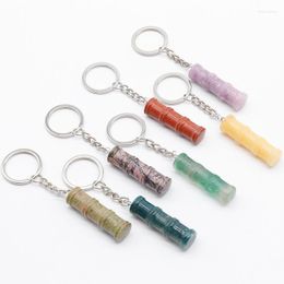 Keychains Natural Stone Amethyst Bamboo Joint Key Chain Lapis Rose Quartz Fluorite Healing Crystal Ring Bag Accessories Pendant