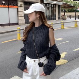 Women's Knits Neploe Korean Chic O-neck Knitted Sweaters Vest Y2k All-match Long Sleeve Coats Women 2023 Autumn Two Piece Sets