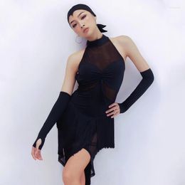 Stage Wear 2023 Latin Dance Dress For Women Sexy Hanging Neck Mesh Fringed Chacha Rumba Tango Female Performance Costumes