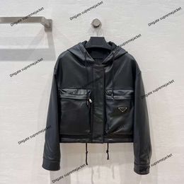 Fashion brand jacket overalls Hooded coat High version short triangle label decorated leather top luxury