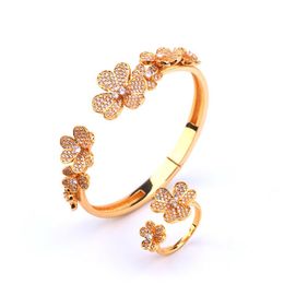 Crystal Flower Bangles For Women Rose Gold Silver Color Crystal Cuff Bracelets Floral Rings Girl Friend Gifts2682