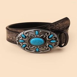 Belts Leather Belt Female Carving Blue National Style Fashion Personalized Versatile Decorative