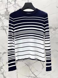 Women's Sweaters Fashion Navy Contrast White Striped Slim Sweater For Women 2023 Autumn High Quality Long Sleeve Metal Knitted Undershirt