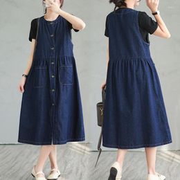 Casual Dresses Sleeveless Denim Tank For Women Summer Retro Round Neck Single Breasted Long A-Line Jeans Pockets Vestidos 2023