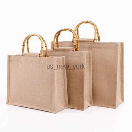 Totes Portable Burlap Jute Shopping Bag Handbag Bamboo Loop Handles Reusable Grocery Bags 240407