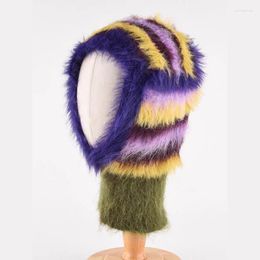 Berets Wool Blended Plush Balaclava Hat Soft Fluffy Knitted Women Fashion Retro Warm Winter Ear Neck Protector Skullies Beanies