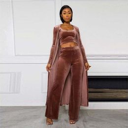 Women's Two Piece Pants GPBD 2023 Street Casual Style Pure Color Women Suit Long Sleeve Outwear Round Neck Short Top Elastic 3 Sets