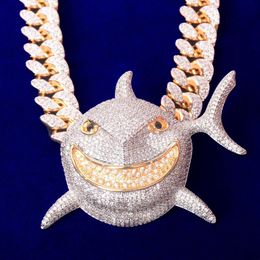 Voller Zirkon-Tierhai-Anhänger mit 20 mm kubanischer Kette Halskette Goldfarbener Charme Herren Hip Hop Rock Street Jewelr291O