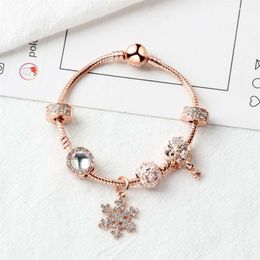 New Rose gold loose beads snowflake pendant bangle charm bead bracelet for girl DIY Jewellery as Christmas gift277c