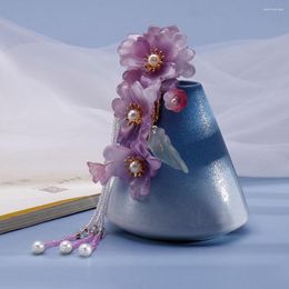 Hair Clips Chinese Purple Flower Side Pins Pearl Tassel Girls Hanfu Party Hairpins Vintage Wedding Headwear Bride Jewellery