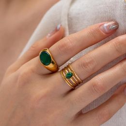 Cluster Rings Uworld Water Proof Natural Malachite Stone Opening Ring Stainless Steel Golden Jewelry Trendy Geometric Wrap Party Gift