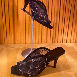 Rhinestone Slippers Designers Sandals Womens Shoes Cashmere Patchwork 7.5Cm High Heeled Sandal 35-42 Spool Heels Square Head Novelty Slipper Desig 37