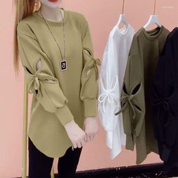 Women's Hoodies Stylish Solid Colour Cut Out Sweatshirts Female Clothing Korean Loose Spring Autumn Long Sleeve Casual Bow Round Neck