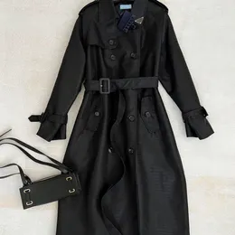 P0022 Designer Fashion Spring Autum Vintage Black Colour Long Trench Coat Women's Long Sleeve Button Pockets Sashes Trench