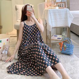 Women's Sleepwear Floral Nightgowns Cotton Viscose Homewear Women Summer Thin Dresses Sexy Nightwear O-Neck Spaghetti Strap Sleepshirts