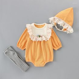 Rompers Baby Girls Clothes Autumn Bodysuits Long Sleeve Lace Hat Leggings 3pcs/set Cute Yellow 0-2Y