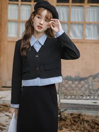 Two Piece Dress UNXX Long Sleeve Fitted Slimming Color Block Blazer Jacket Midi Skirt Set Women Office Lady Female Clothes Fashion No