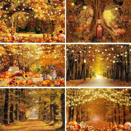 Background Material Mocsicka Autumn Pumpkin Backdrops for Photography Maple Leaf Wooden Door Brick Wall Lights Wedding Photo Background Studio Props YQ231003