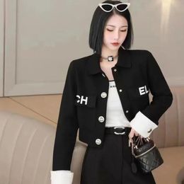 New women's polo knit luxury sweaters fashion short length letter embroidery long-sleeved shirt jacket small branded jacket black and white top clothes