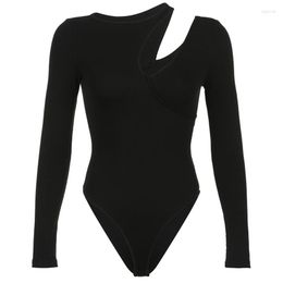 Women's Shapers Women Sexy Cutout Asymmetrical Neck Long Sleeve Bodysuit Top Solid Colour Casual Bodycon Stretchy Jumpsuits Leotard Shirt