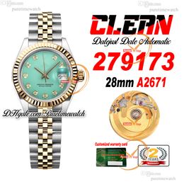 Clean Factory CF 279173 A2671 Automatic Ladies Watch 28 Two Tone Yellow Gold Green Diamond Dial 904L Jubileesteel Bracelet Super Version Womens Puretimewatch 0015