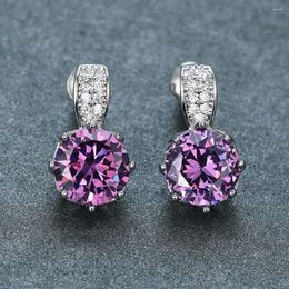 Stud Earrings Delicate Silver Colour Round Cut Purple For Women Zircon Crystal Stone Dangle Birthstone Jewellery