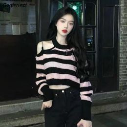 Women's Sweaters Off-shoulder Striped Pullovers For Women Y2k Crop American Style Female Sweet Streetwear Autumn Sexy All-match Soft