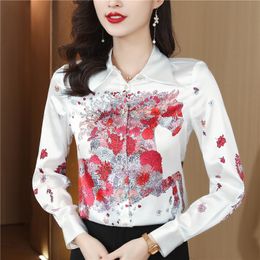 Luxury Silk Satin Floral White Shirt for Women Long Sleeve Classic Lapel Vintage Button Up Shirts 2023 Office Ladies Fashion Printed Blouses Fine Elegant New in Tops