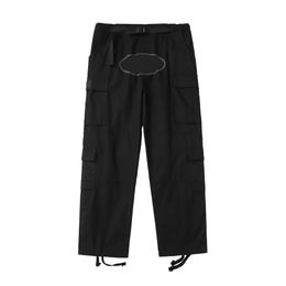 Calça mans cargo masswear imprimido calças casuais casuais bockets retro multi-bockets de macacão solto botão voar com casas retas da perna reta calças de treino 762