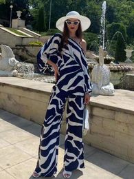 Women's Two Piece Pants Set Women Sexy Club Summer Printing Wide Leg Pant Sets Long Sleeved Top Slash Neck Slim Fit Casual Suits